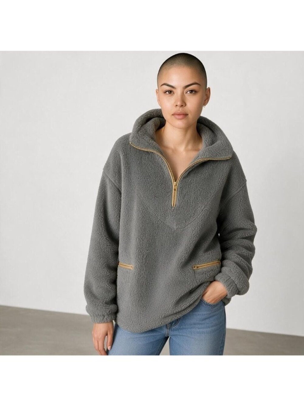 Tuckernuck Women XXL Olive Gray Rhodes Shearling Jacket Pullover Quarter Zip